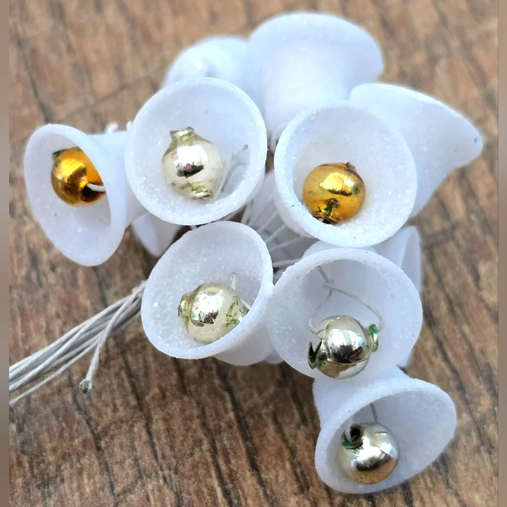 48 Vintage Miniature Plastic Mica Sugar Bells Mercury Glass Japan 5/8